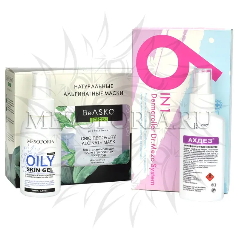 Набор для лица с мезороллером 6 в 1 Dr Mezo (жирная кожа, акне, постакне), гелем для жирной и проблемной кожи с гиалуроновой кислотой и серой, средством дезинфекции и комплектом из альгинатных крио-масок для восстановления после процедуры