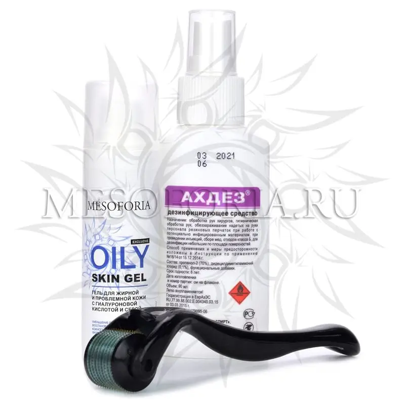 Набор с мезороллером для лица Dermaroller Dr Mezo (жирная кожа, акне, постакне), гелем для жирной и проблемной кожи с гиалуроновой кислотой и серой, 30 мл и средством дезинфекции - 2 мм