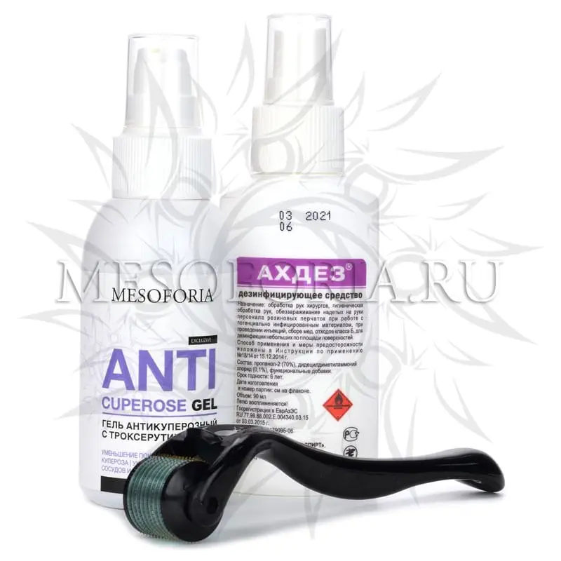 Набор с мезороллером Dermaroller Dr Mezo (купероз, розацеа), антикуперозным гелем 100 мл и средством дезинфекции