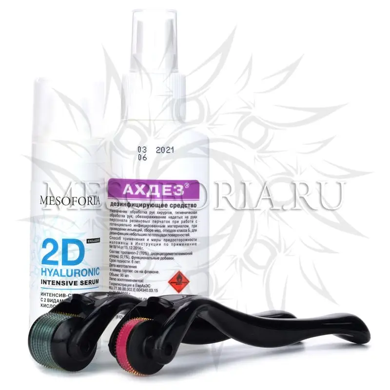 Набор с мезороллерами для лица и глаз (лифтинг, увлажнение, морщины), интенсив-сыворотка с 2 видами гиалуроновой кислоты, 30 мл и средством дезинфекции - 2 мм