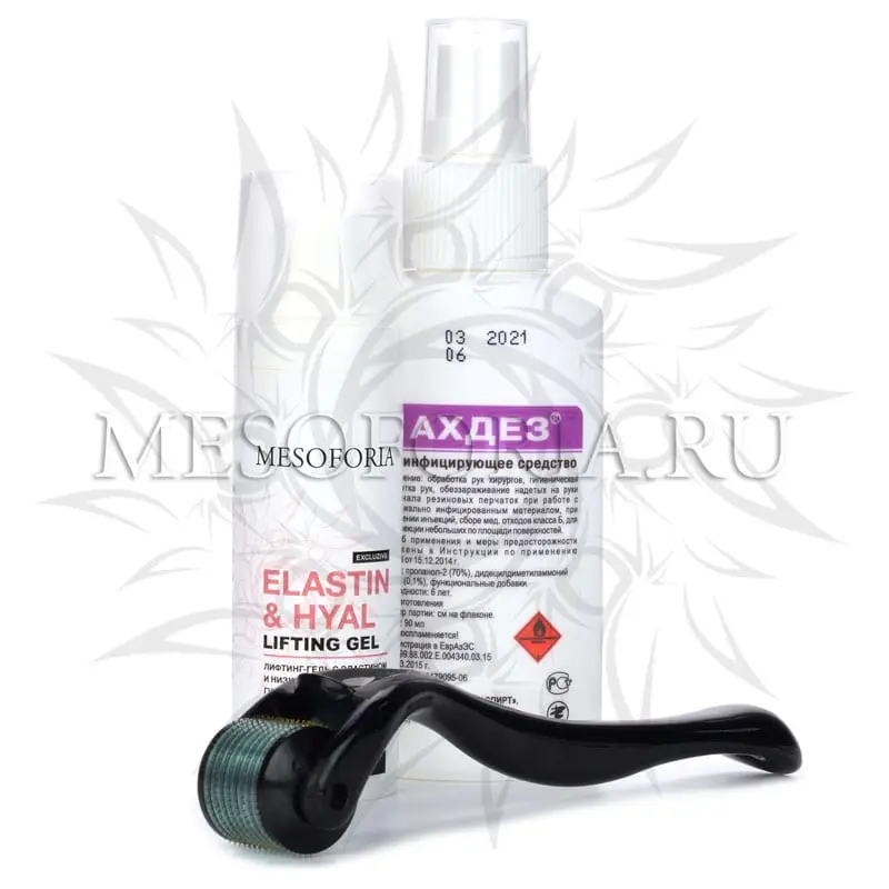 Набор с мезороллером для лица Dermaroller Dr Mezo (лифтинг, морщины - после 45 лет), литфинг-гелем с эластином и низкомолекулярной гиалуроновой кислотой, 30 мл и средством дезинфекции - 2 мм